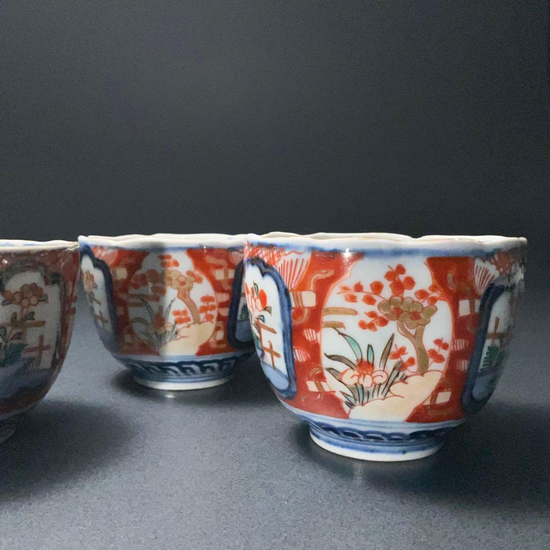 伊万里色絵窓絵花図向付3個　赤絵　通り文　古伊万里　R1373B2