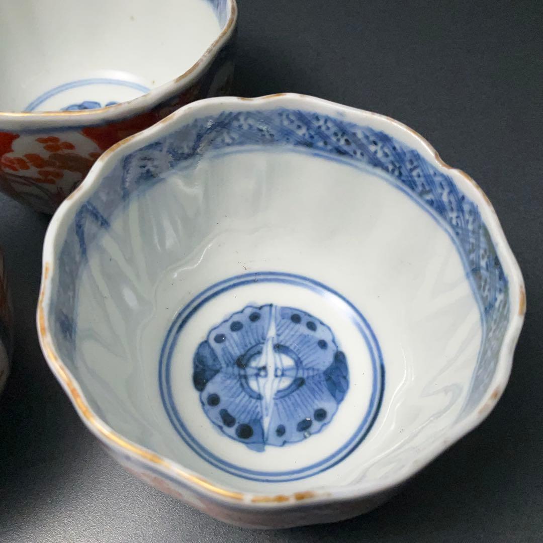 伊万里色絵窓絵花図向付3個　赤絵　通り文　古伊万里　R1373B2