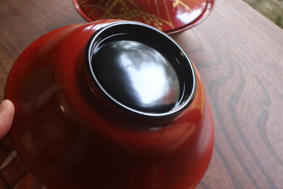 デッドストック！時代朱漆に極上稲穂雀蒔絵の映える大椀2点（検