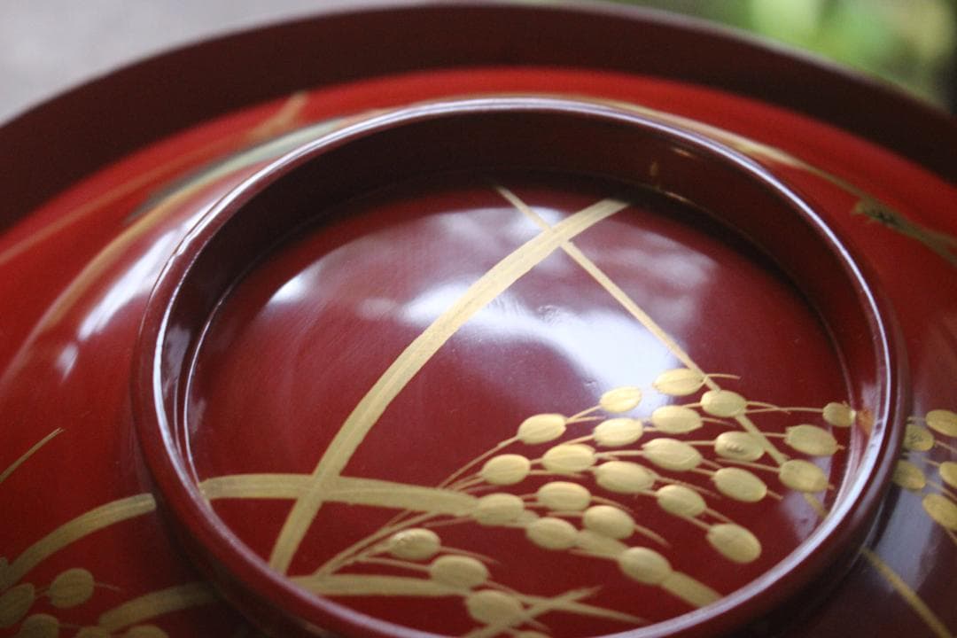 デッドストック！時代朱漆に極上稲穂雀蒔絵の映える大椀2点（検