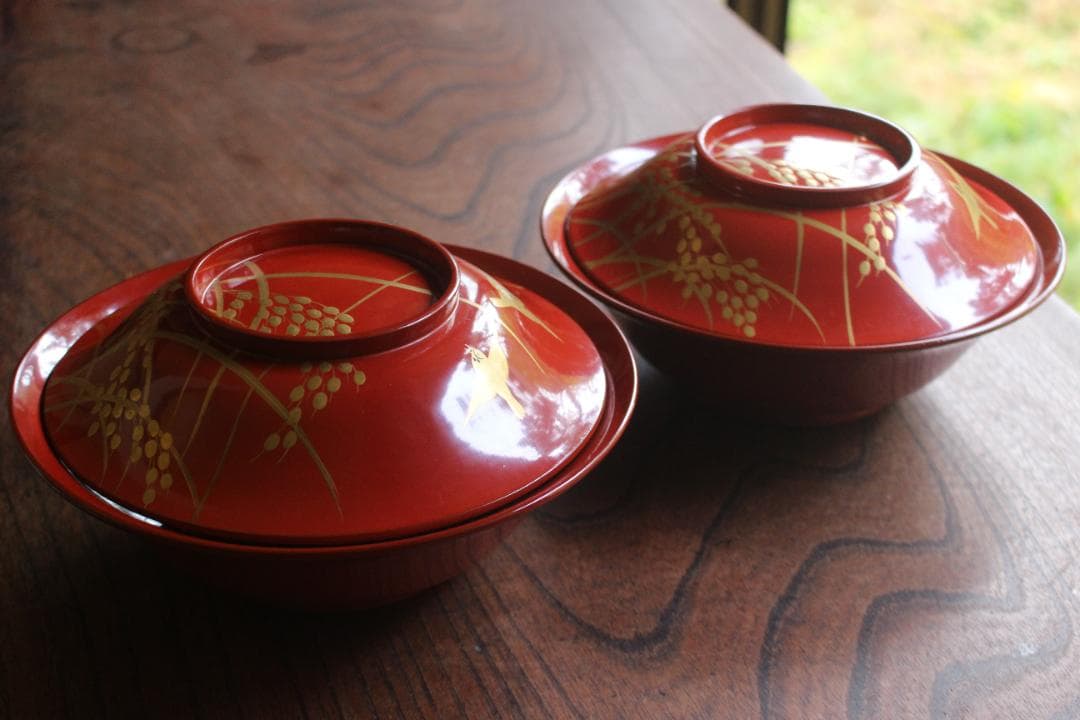 デッドストック！時代朱漆に極上稲穂雀蒔絵の映える大椀2点（検