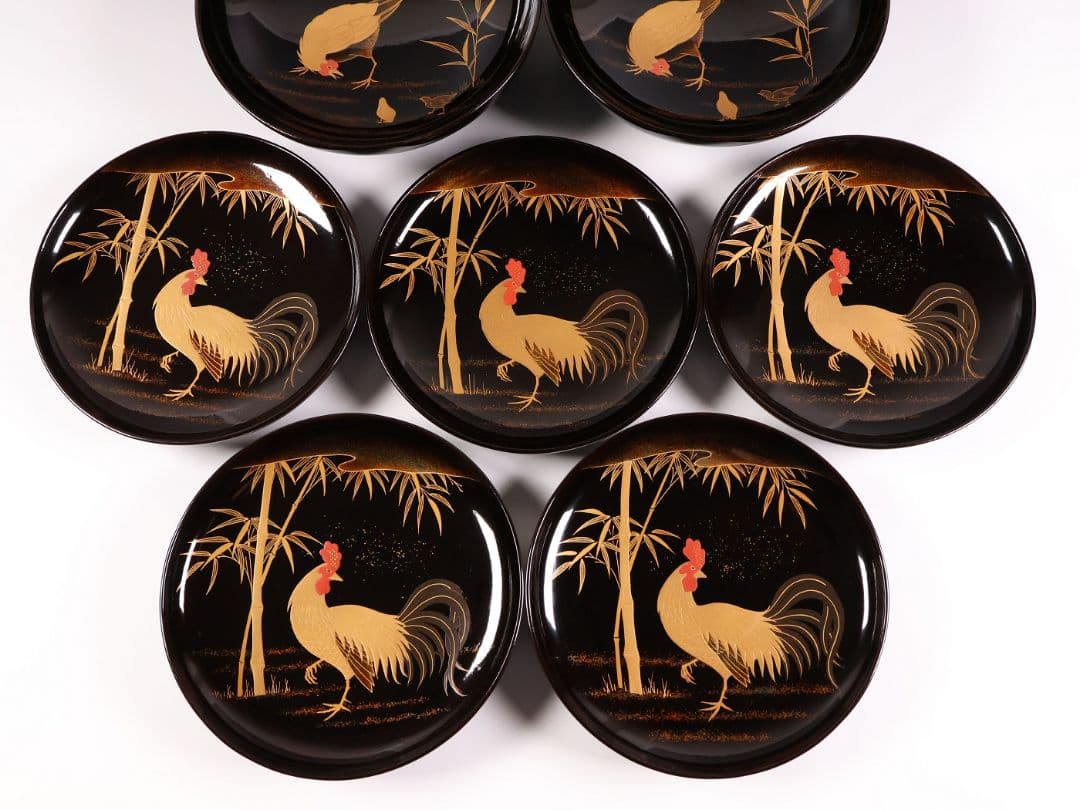 【CM354】時代蒔絵椀 竹に鶏金蒔絵 平椀五客 木製 /(検) 輪島塗加賀能登