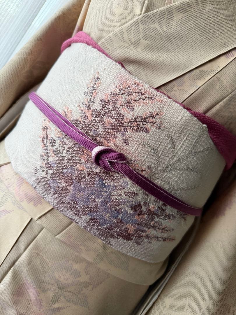 memeko様専用 正絹 白大島紬小紋 ベージュ×グレー×パープル 横双 単品