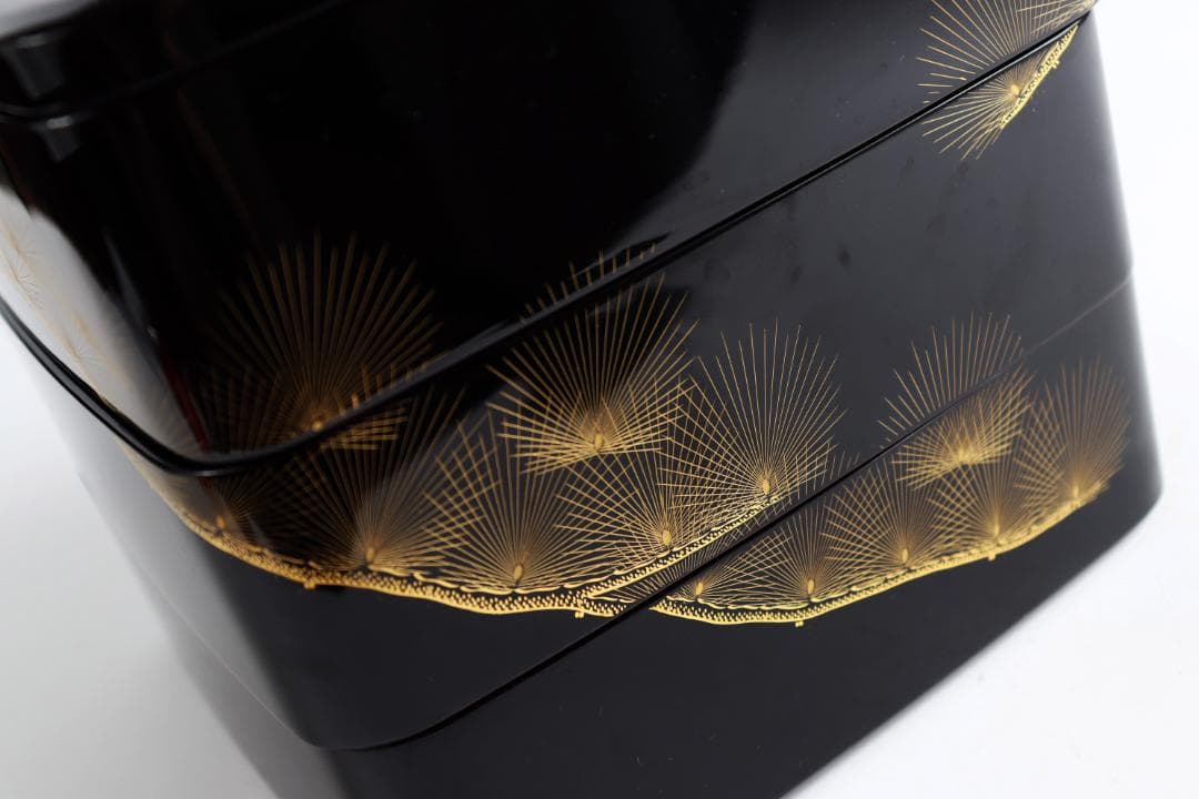 茶道具 輪島塗 三段重 黒 朱 松金 共箱 お重 重箱