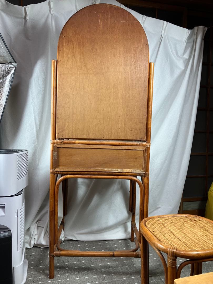 即購入不可 昭和レトロ×天然素材 籐製ミラー付きドレッサー＆スツール
