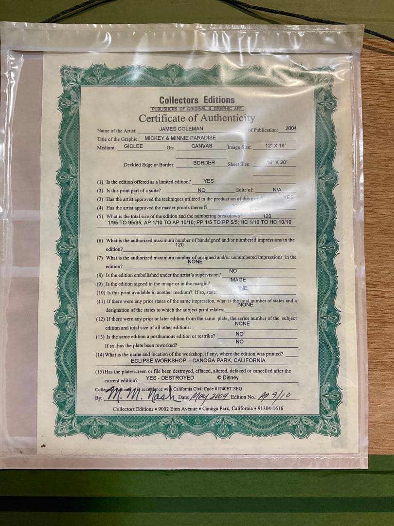 62302 限定 ミッキー＆ミニー 絵画 真正証明書付 ゴールドフレーム