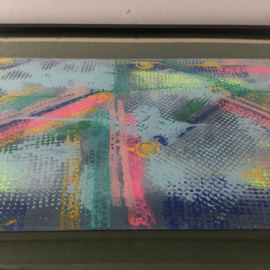 No3651 額装　作者不詳　抽象画　ガラス絵　紙箱付　絵画　アート　送料無料