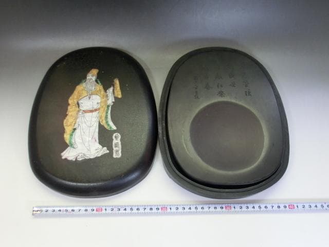 硯■曹國舅図端渓古硯 檀木箱付 萬戸管弦歌盛世 老坑 螺鈿象嵌八仙曹国舅 骨董■