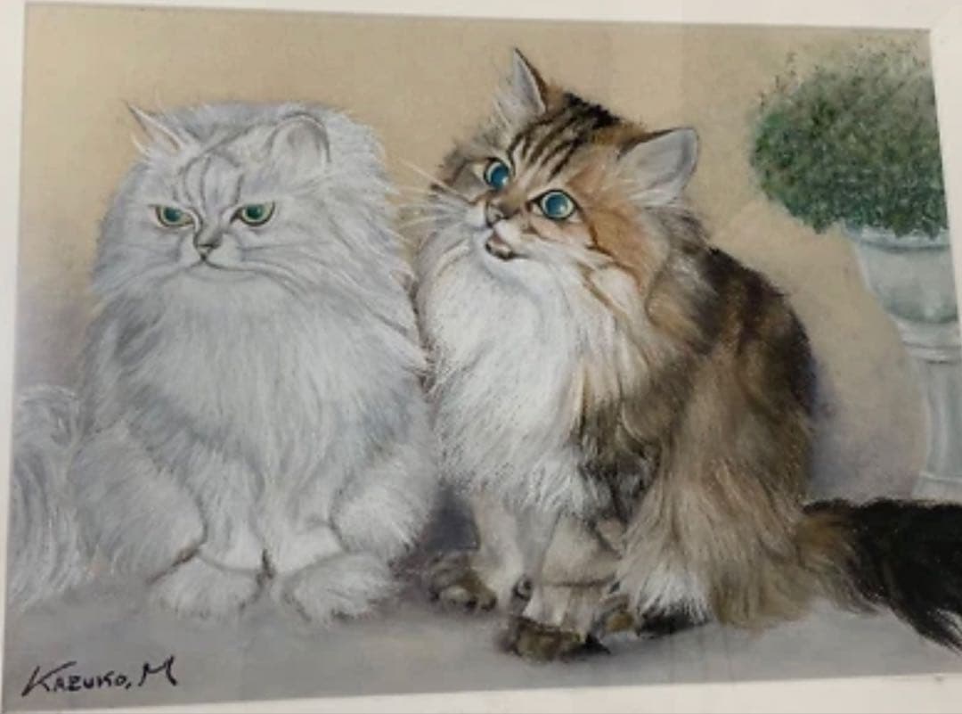額装美術品】町田和子 猫 絵画 パステル画 サイン入り 1988作品 求愛 r