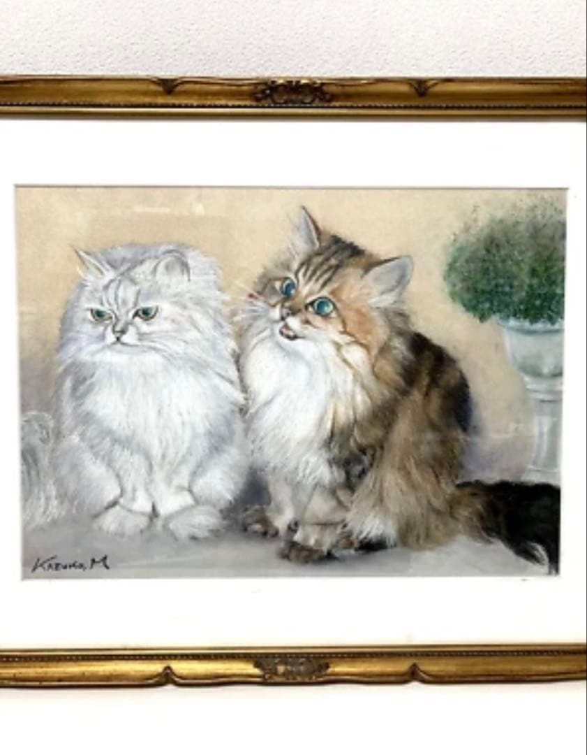 額装美術品】町田和子 猫 絵画 パステル画 サイン入り 1988作品 「求愛