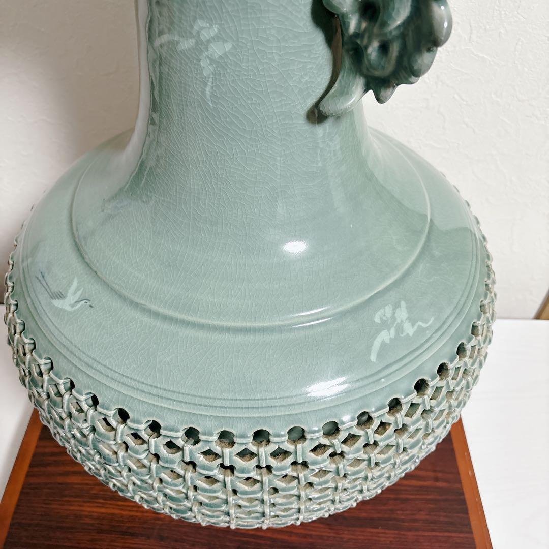 【特大】高麗青磁 海光作 龍耳透かし彫り 大花瓶 63cm 11.8kg 雲鶴紋