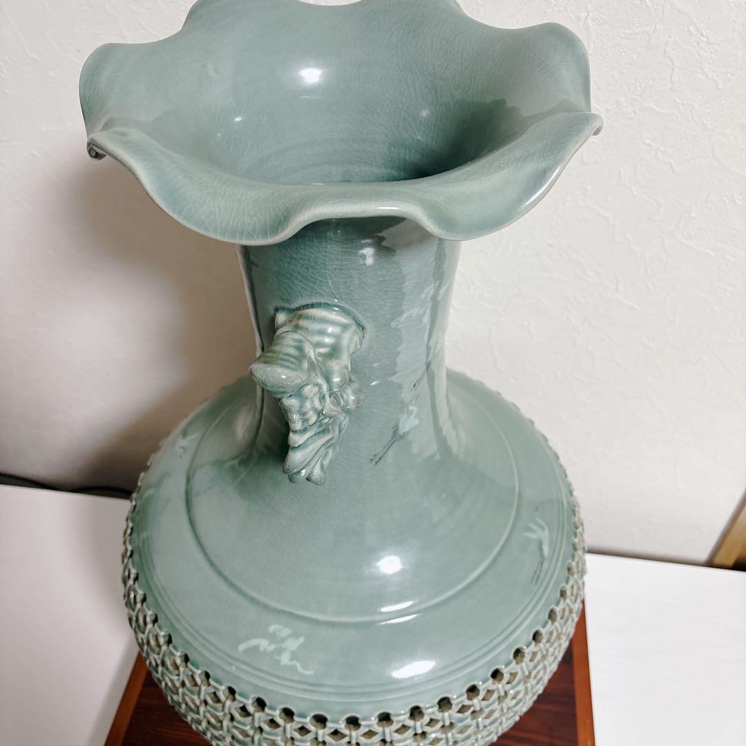 【特大】高麗青磁 海光作 龍耳透かし彫り 大花瓶 63cm 11.8kg 雲鶴紋