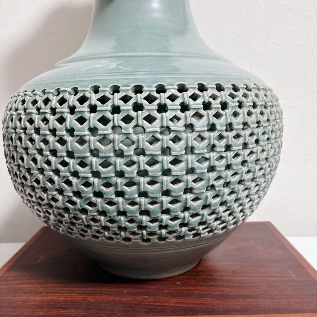 【特大】高麗青磁 海光作 龍耳透かし彫り 大花瓶 63cm 11.8kg 雲鶴紋