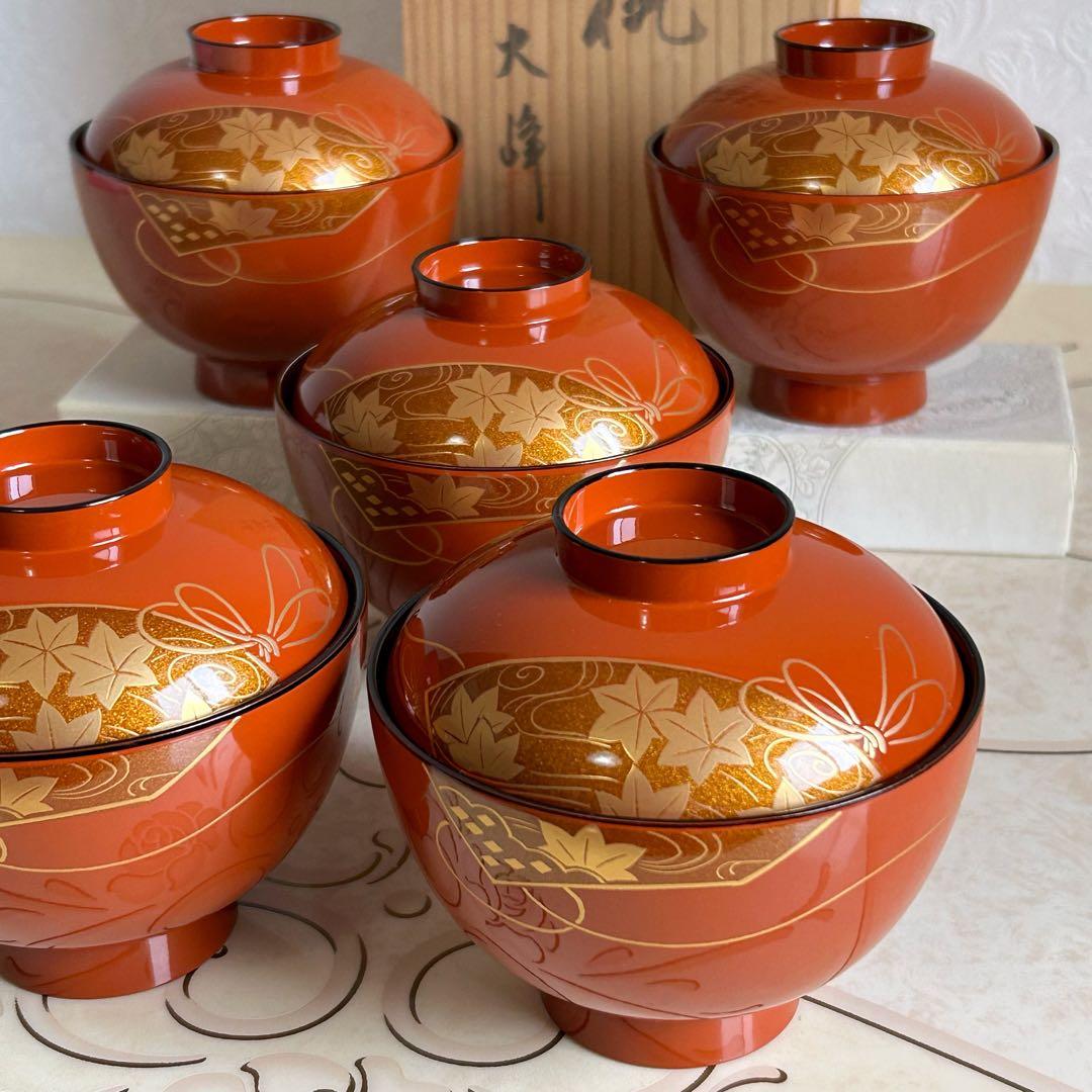 会津塗 金彩蒔絵扇紋 蓋付きお吸物椀 雑煮椀 お椀 5客セット 漆器 汁椀