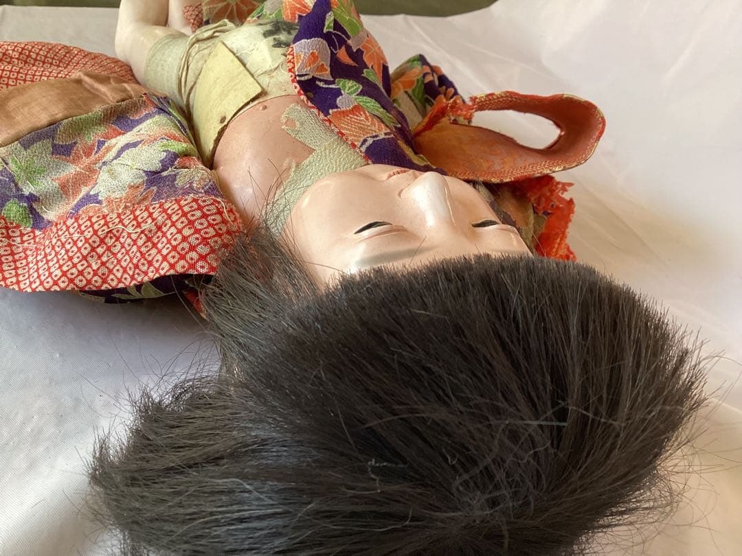 ヴィンテージ市松人形 徳光斎 約40cm 花柄着物 吹子付き 人毛 ガラス眼