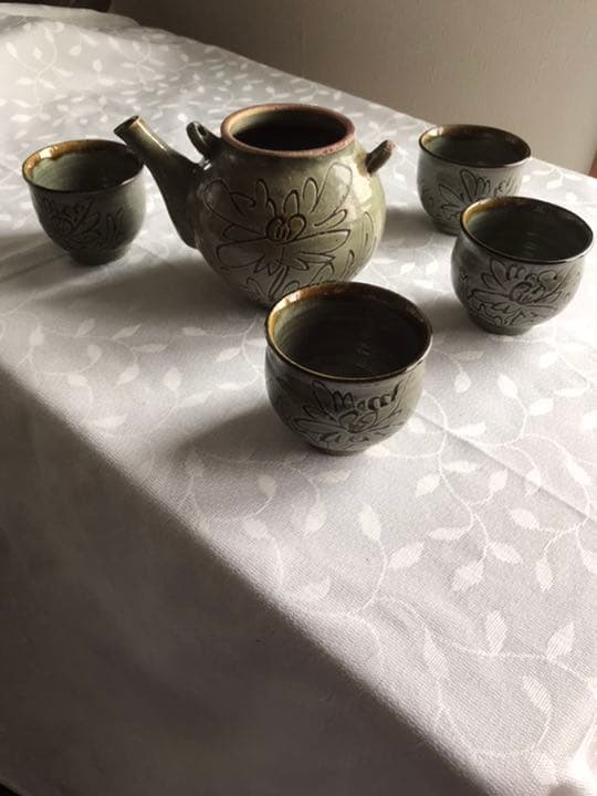 南陶窯　久場政一作　蓋、つる無し急須、茶碗　やちむん