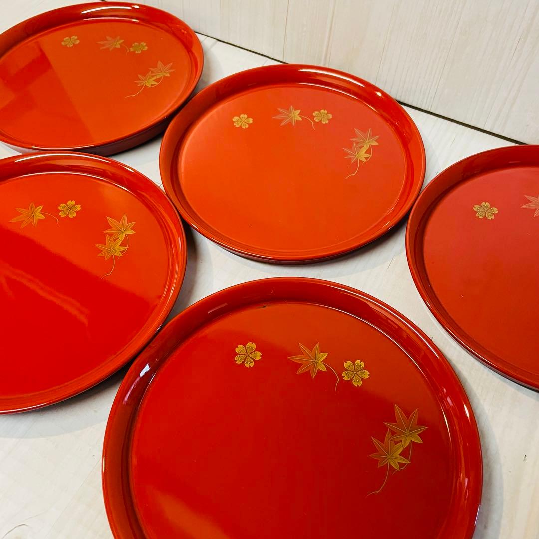 超美品　輪島塗　漆器　稲忠　円形皿 銘々皿　5枚セット　正月　ひな祭り