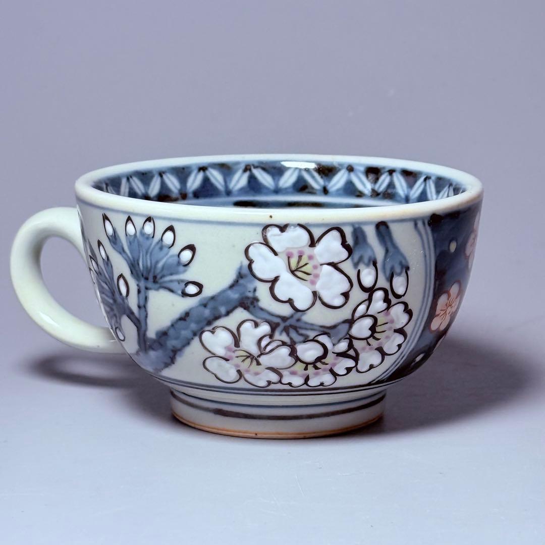 五代 佐藤走波 七十五才 染錦桜と朝顔文カップ＆ソーサー コレクター放