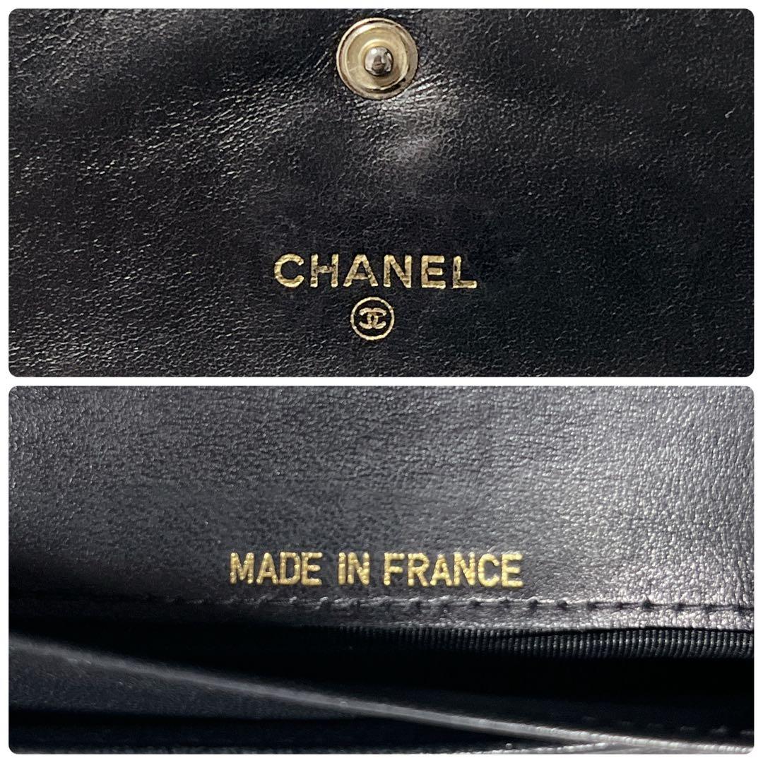 CHANEL ブラック レザー 三つ折り財布 キャビアスキン ギャランティカード
