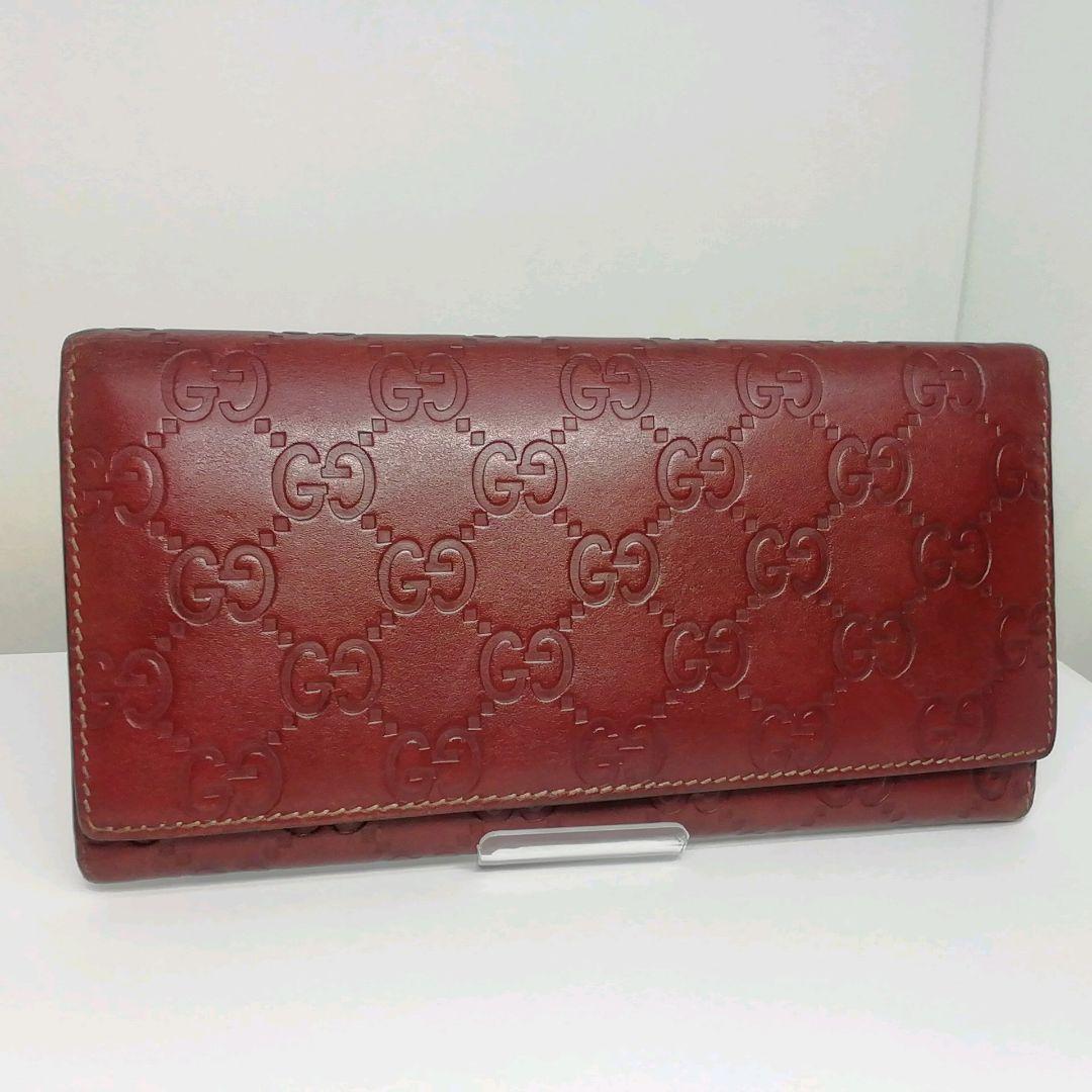 GUCCIグッチGGシマレザーブラウン ボルドーフラップタイプ長財布