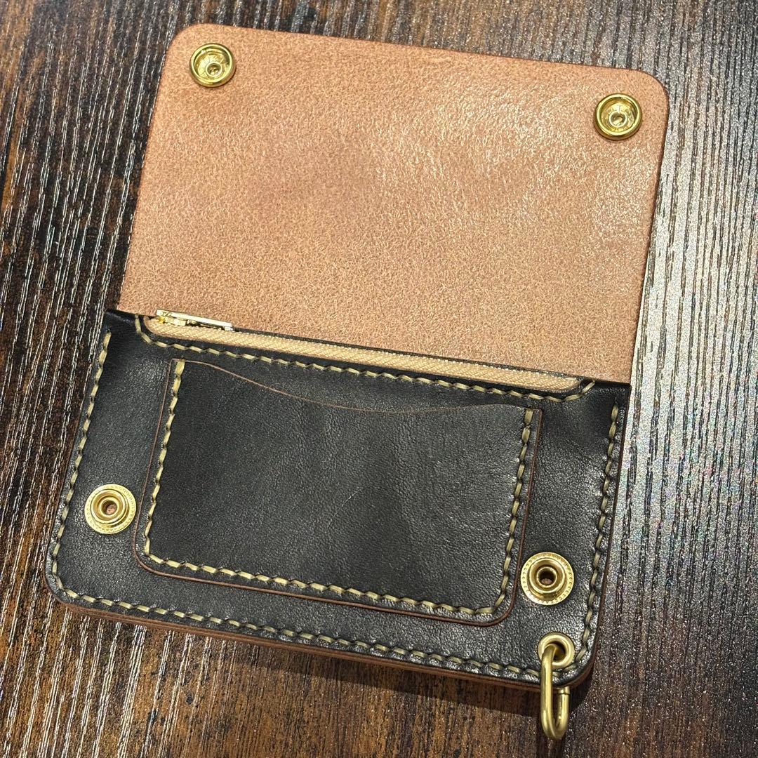 栃木レザー　ミドル　トラッカーウォレット　茶芯ブラック 3層