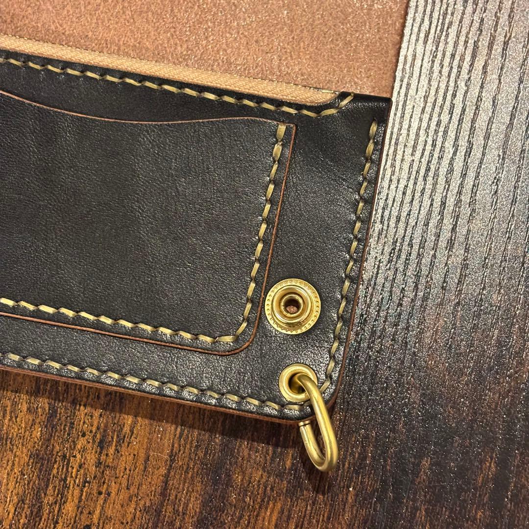 栃木レザー　ミドル　トラッカーウォレット　茶芯ブラック 3層