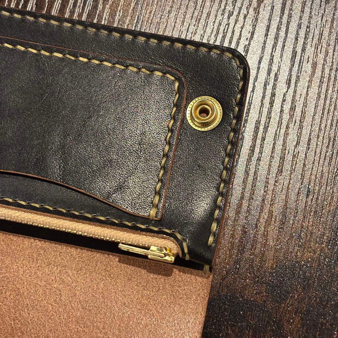 栃木レザー　ミドル　トラッカーウォレット　茶芯ブラック 3層