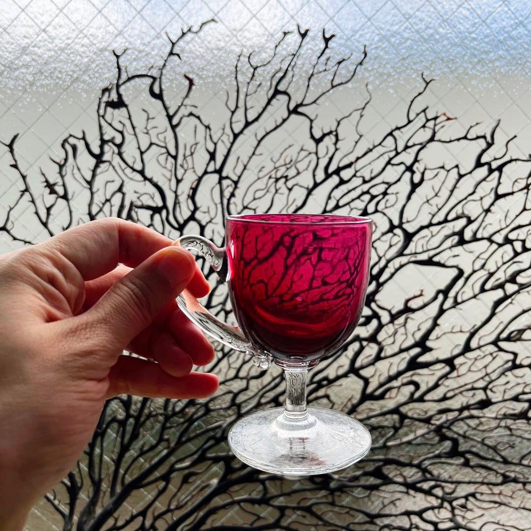 骨董 時代ガラス 希少 金赤ガラス 取手付き アイスクリームコップ ウラン