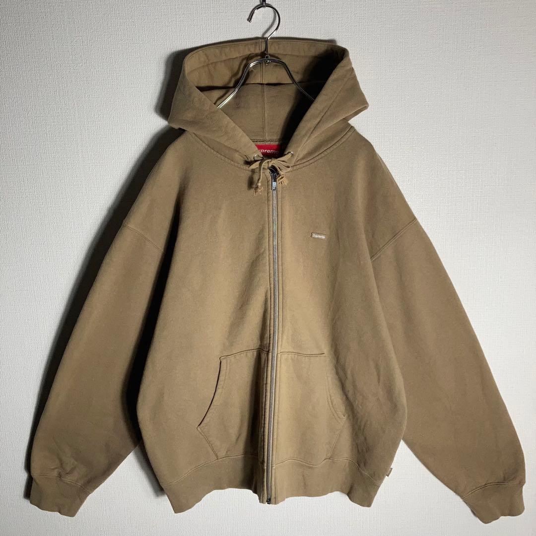 SUPREME フルジップパーカー スモールロゴ 刺繍 裏起毛 ベージュ L.