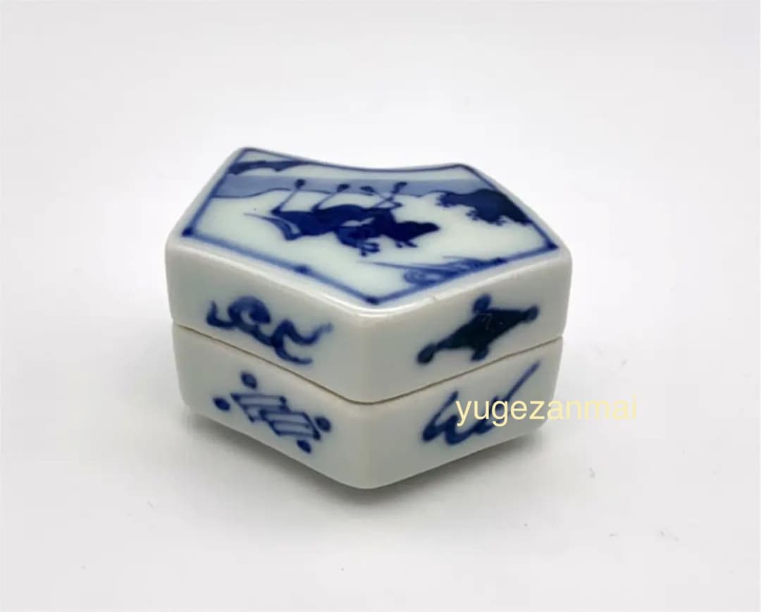 竹泉(造) 三浦竹泉 青華一騎 香合 共箱 染付