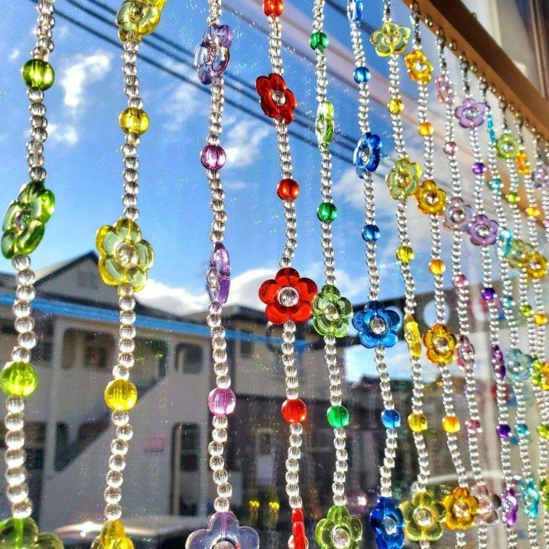 花型ビーズのれん ロング 昭和レトロ レトロポップ アーチ型 ビーズ