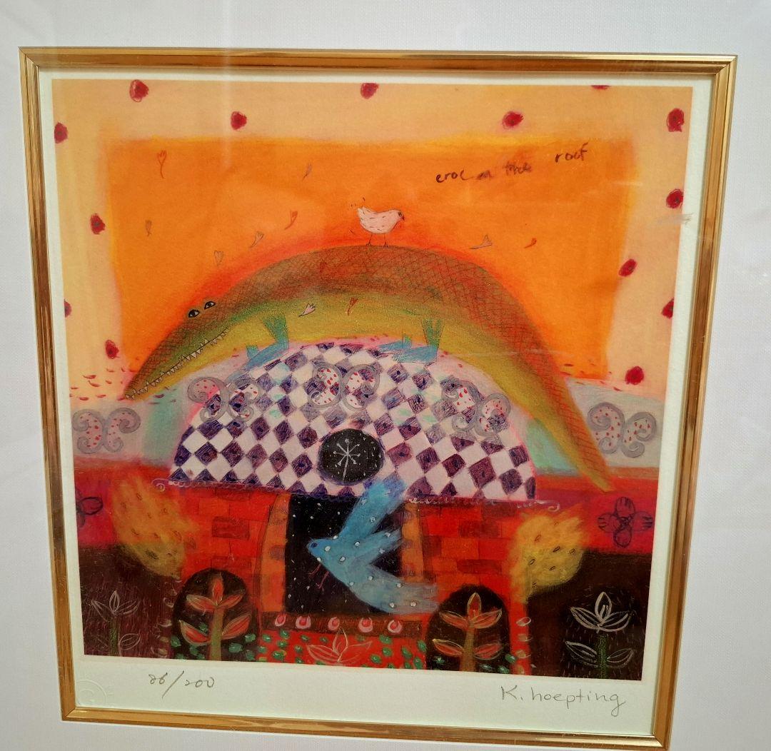 貴重！今週のみお値下げ カレンホイプティング [屋根の上のクロコ]ワニと鳥抽象画