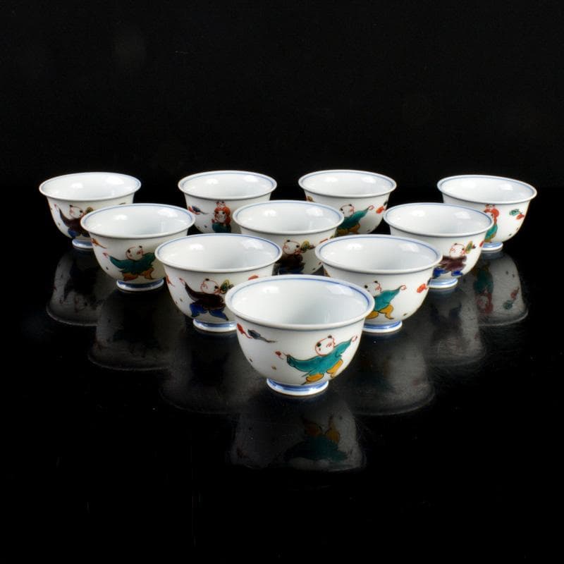 九谷焼 堀江青光造 色絵唐子文 波出茶碗 数茶碗 10客 共箱