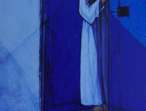 神戸文子、【青い扉】、希少な額装用画集より、新品額装付、状態良好