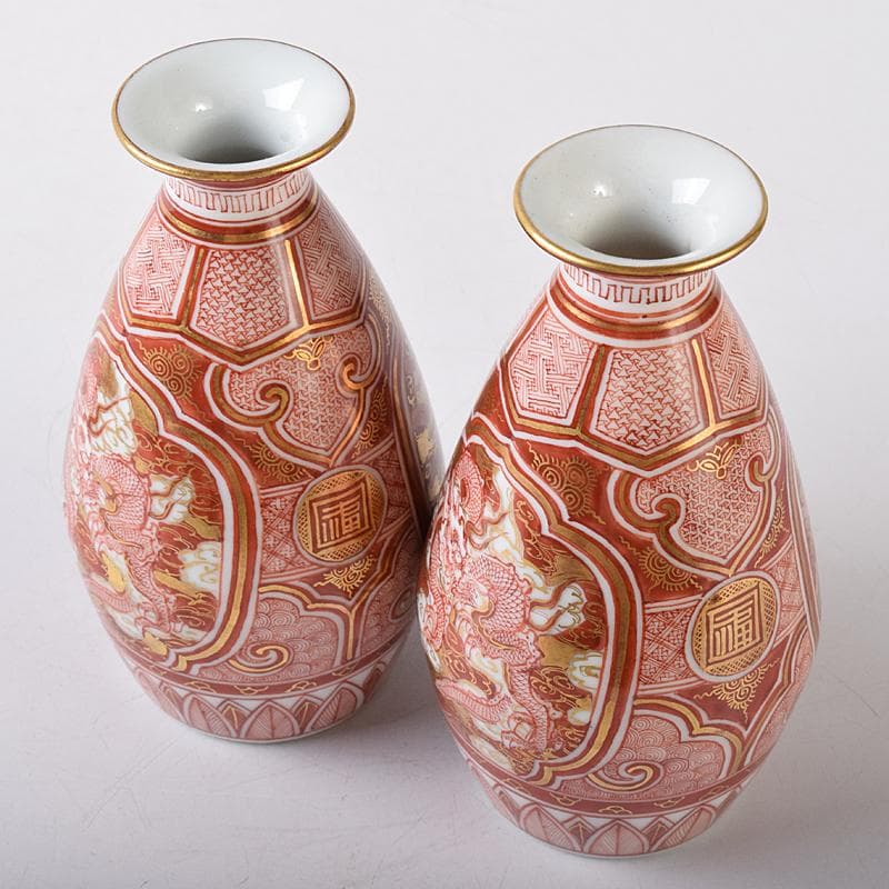 九谷焼 赤絵金彩 静山銘 獅子花文 盃 五客 龍鳳凰文 徳利