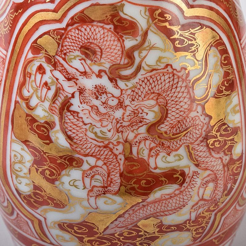 九谷焼　赤絵金彩　静山銘　獅子花文　盃　五客　龍鳳凰文　徳利　一對　MR8445