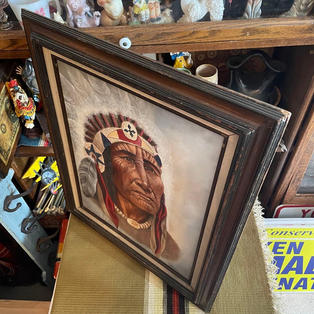 希少！ネイティブアメリカン酋長インディアン油彩絵画USAヴィンテージ