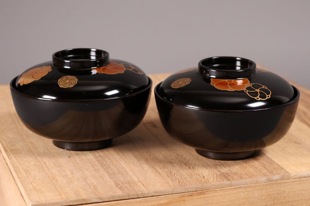 漆芸 木製漆器 捻り梅 金蒔絵 黒塗 御椀 二客 茶懐石道具【MA774】