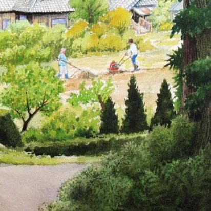 絵画「杉木立を抜けて日差しの中へ」　水彩画