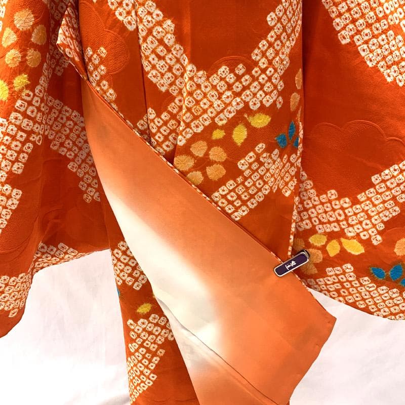 511ag63■七五三 七歳 女児 絞り染 着物&袋帯 オレンジ■状態良好