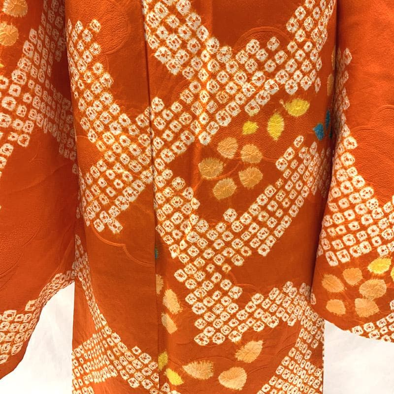 511ag63■七五三 七歳 女児 絞り染 着物&袋帯 オレンジ■状態良好