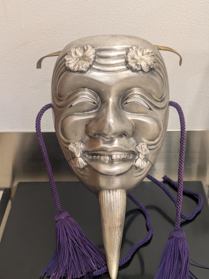 金工師 中野美海作 銀製 翁乃面 置物 ガラスケース 共箱有 シルバー