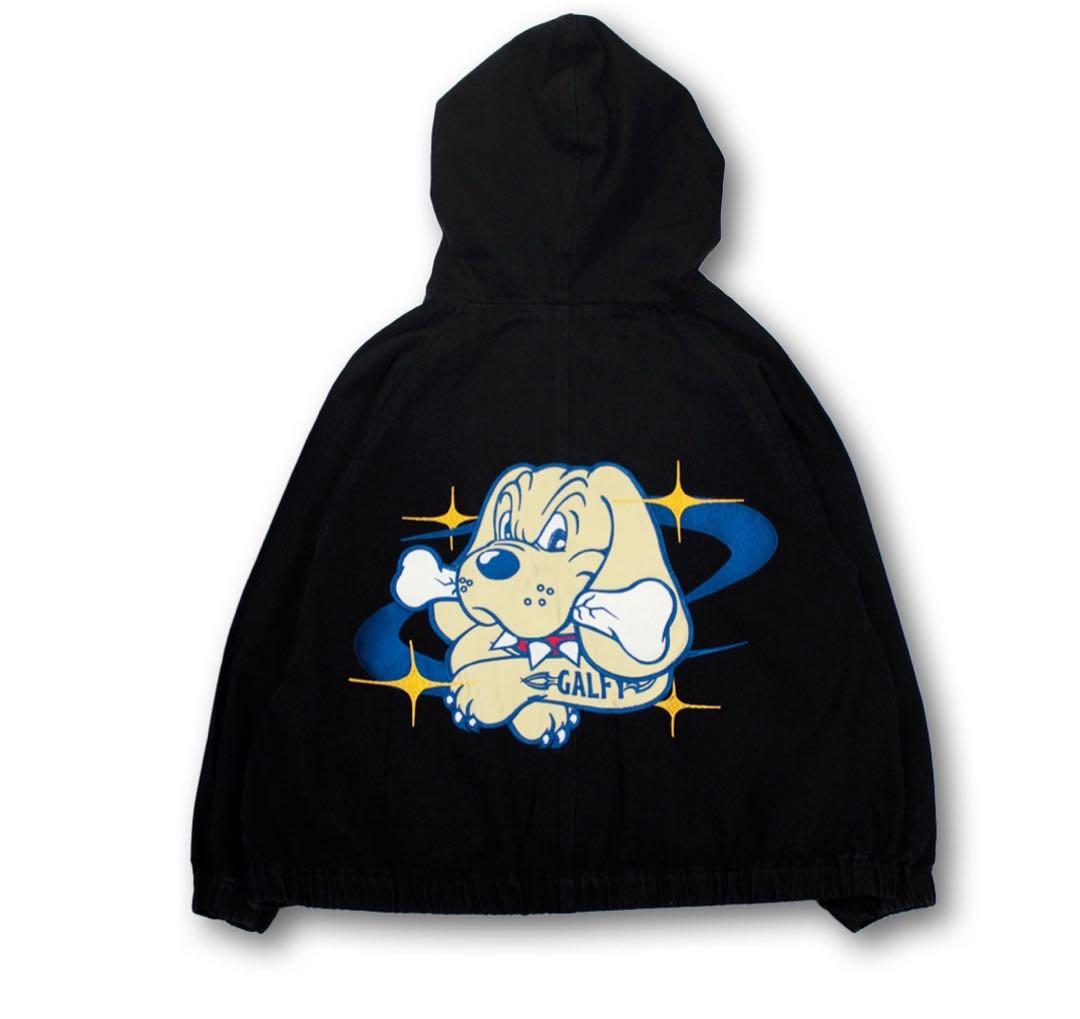 GALFY セットアップ　フード付きブラックジャケット&デニムワイドカーゴパンツ