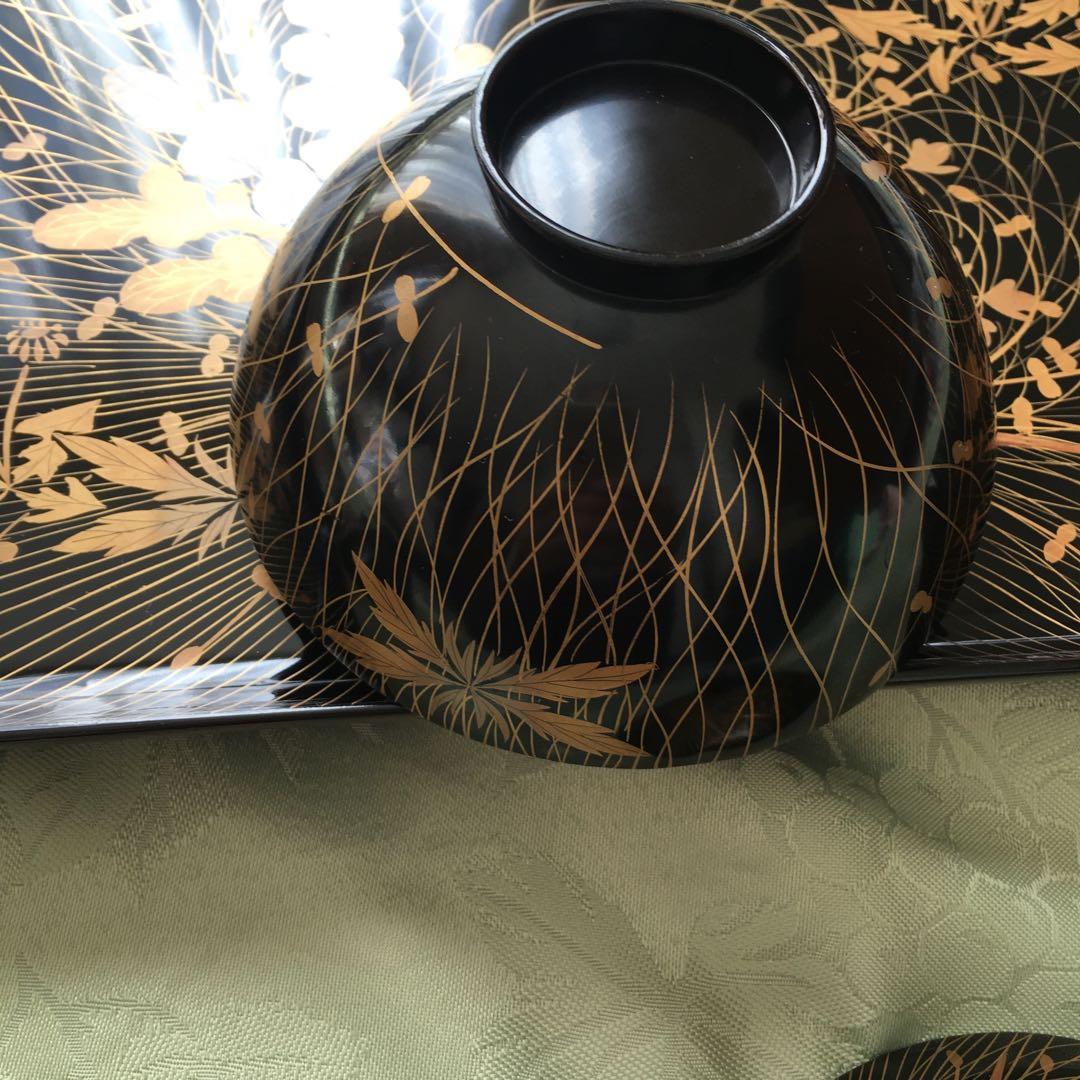 逸品! 極上春の七草蒔絵の四方脚付膳 蓋付碗 各2客