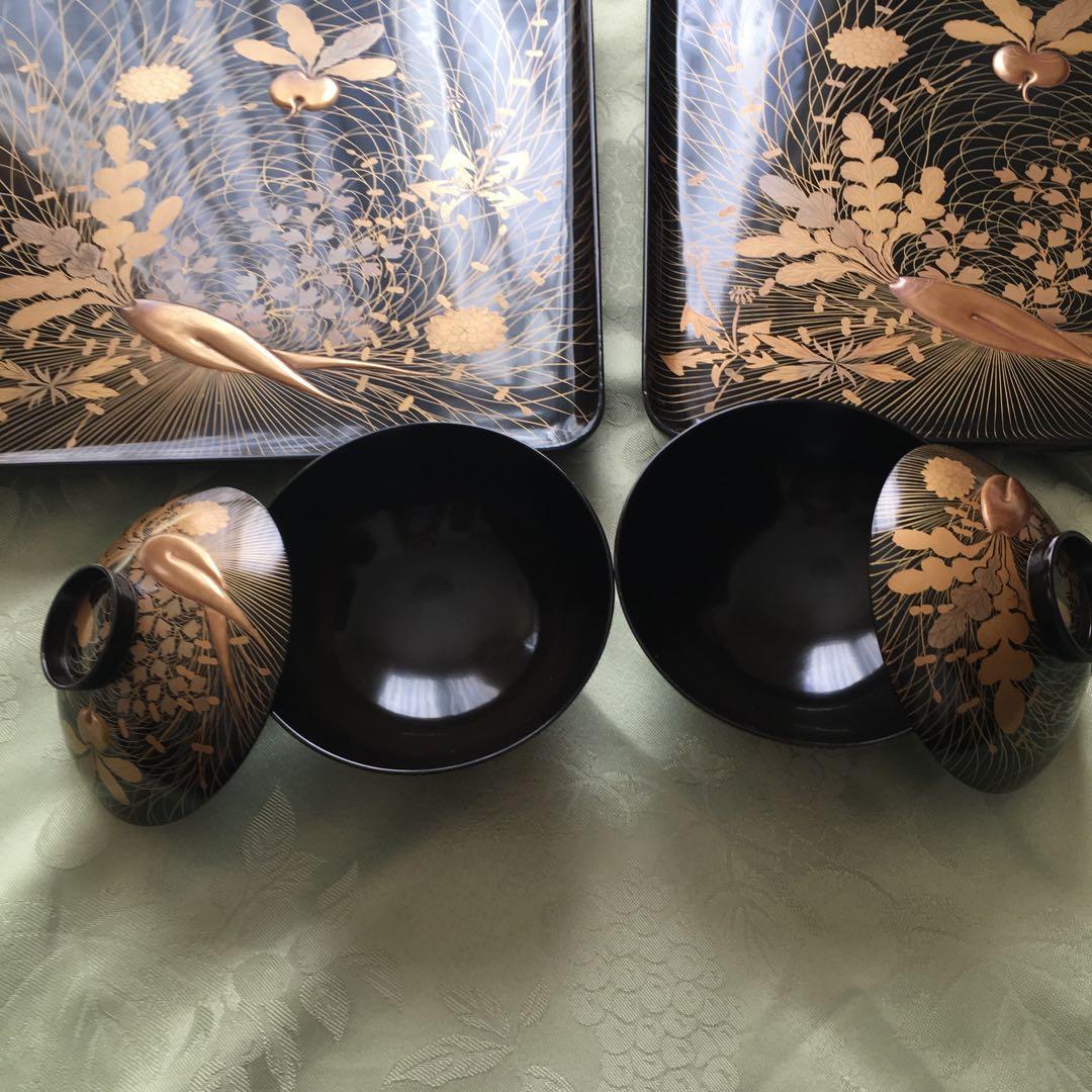 逸品! 極上春の七草蒔絵の四方脚付膳 蓋付碗 各2客