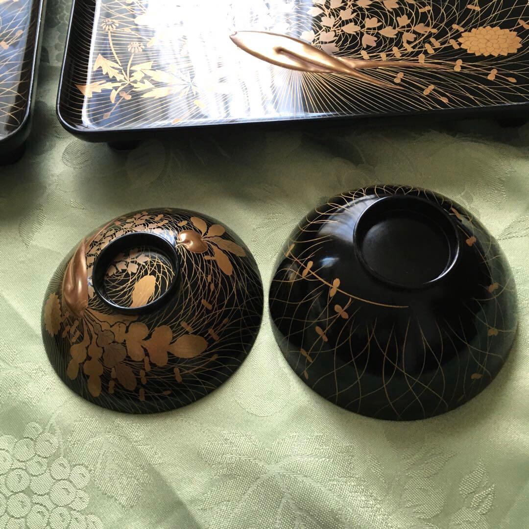 逸品! 極上春の七草蒔絵の四方脚付膳 蓋付碗 各2客