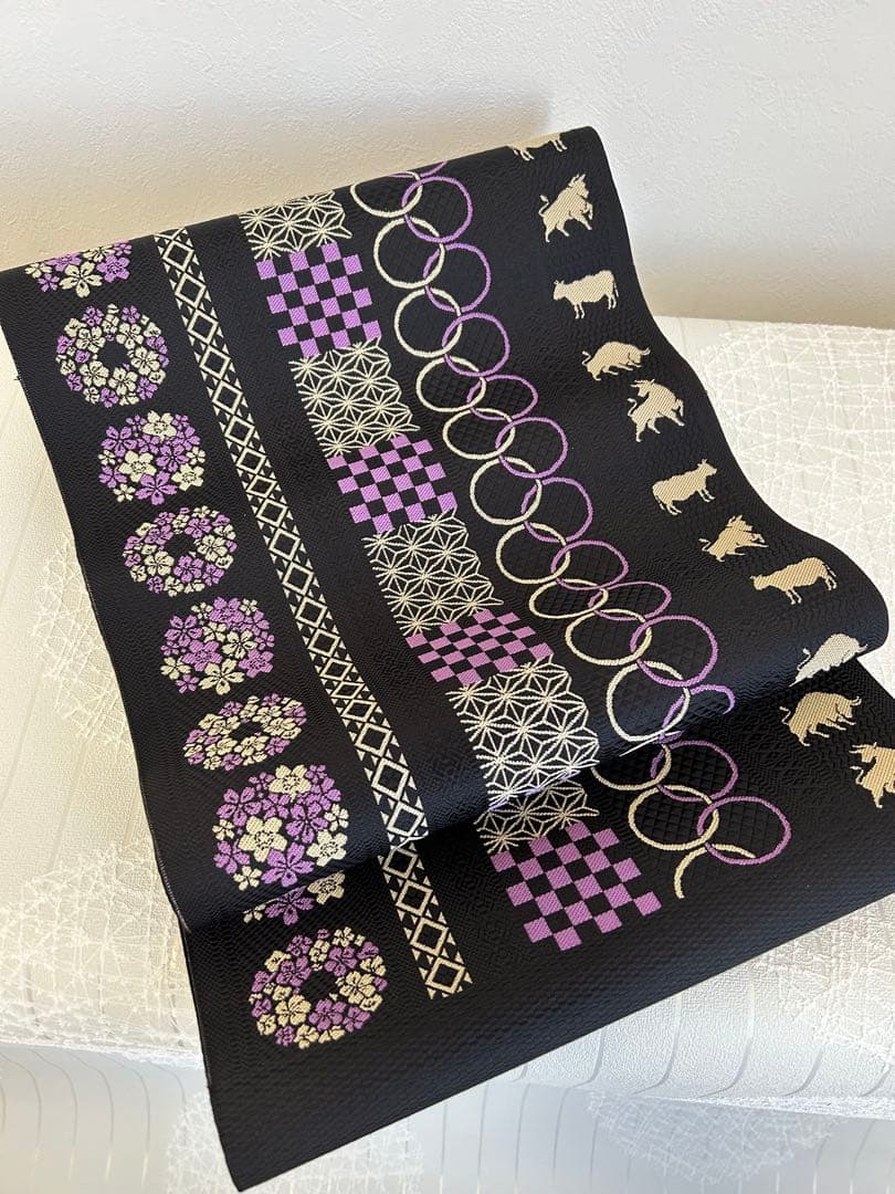 正絹 九寸名古屋帯♪ 能衣 菊唐草 絞り 地紋 紗綾形 華やかイエロー