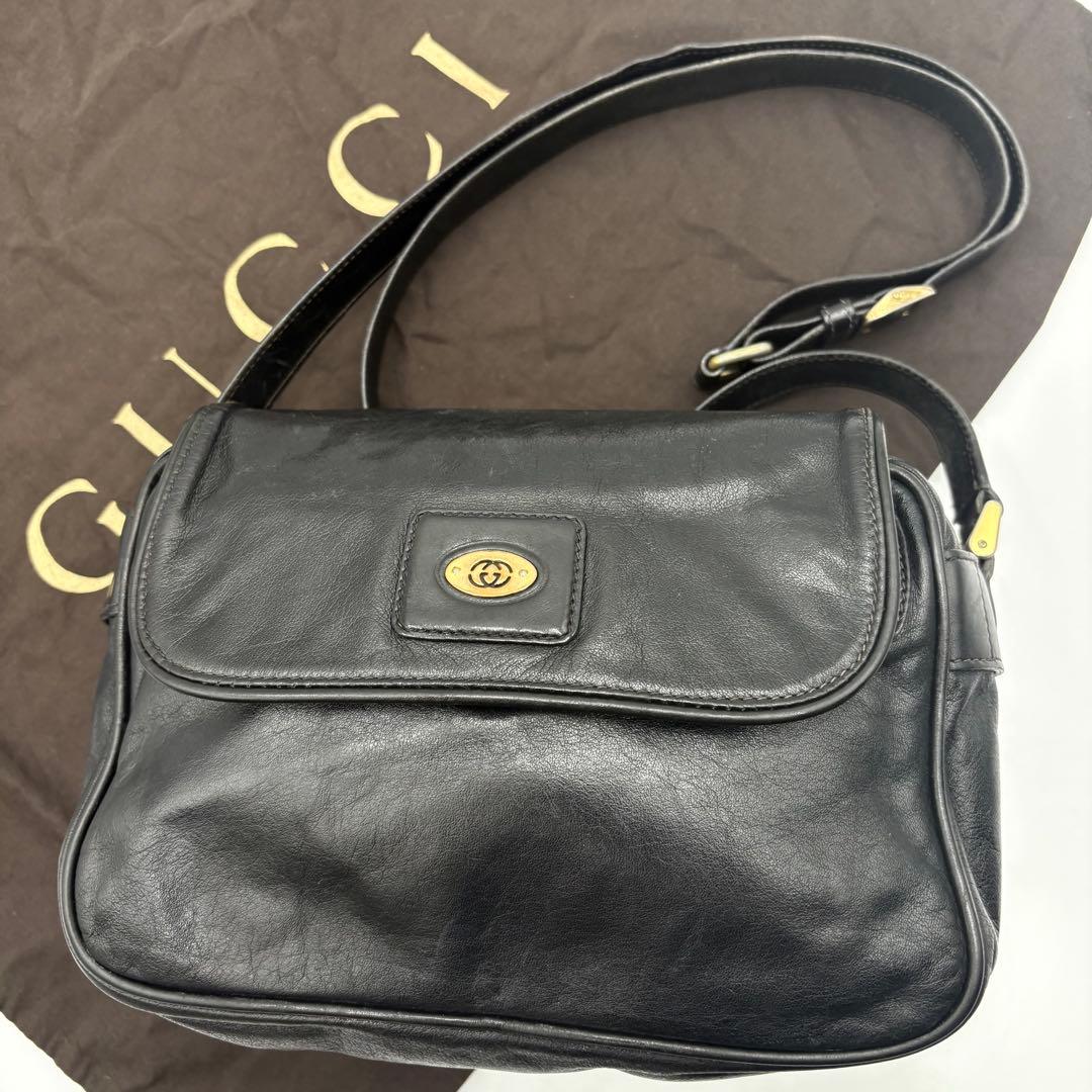 ◎希少◎グッチ　ショルダーバッグ　インターロッキング　斜め掛け　ブラック　レザー