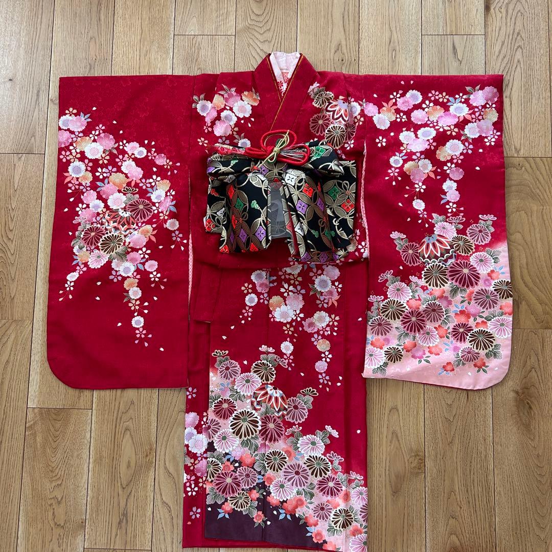 七五三 女の子7歳着物・帯セット　赤　レトロ　アンティーク