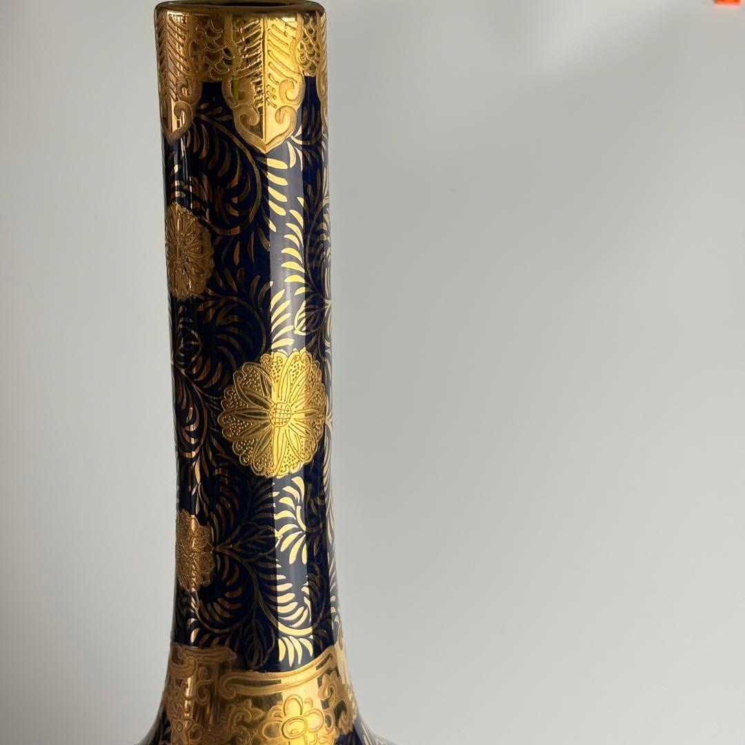 栄盛窯 瀧山作 薩摩焼 金襴手 花鳥図 鶴首花瓶 高さ約65cm